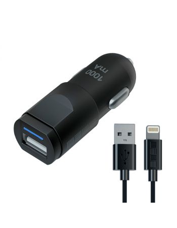 Автомобильное зарядное устройство для Apple InterStep 1 USB 1A + кабель Lightning, Black